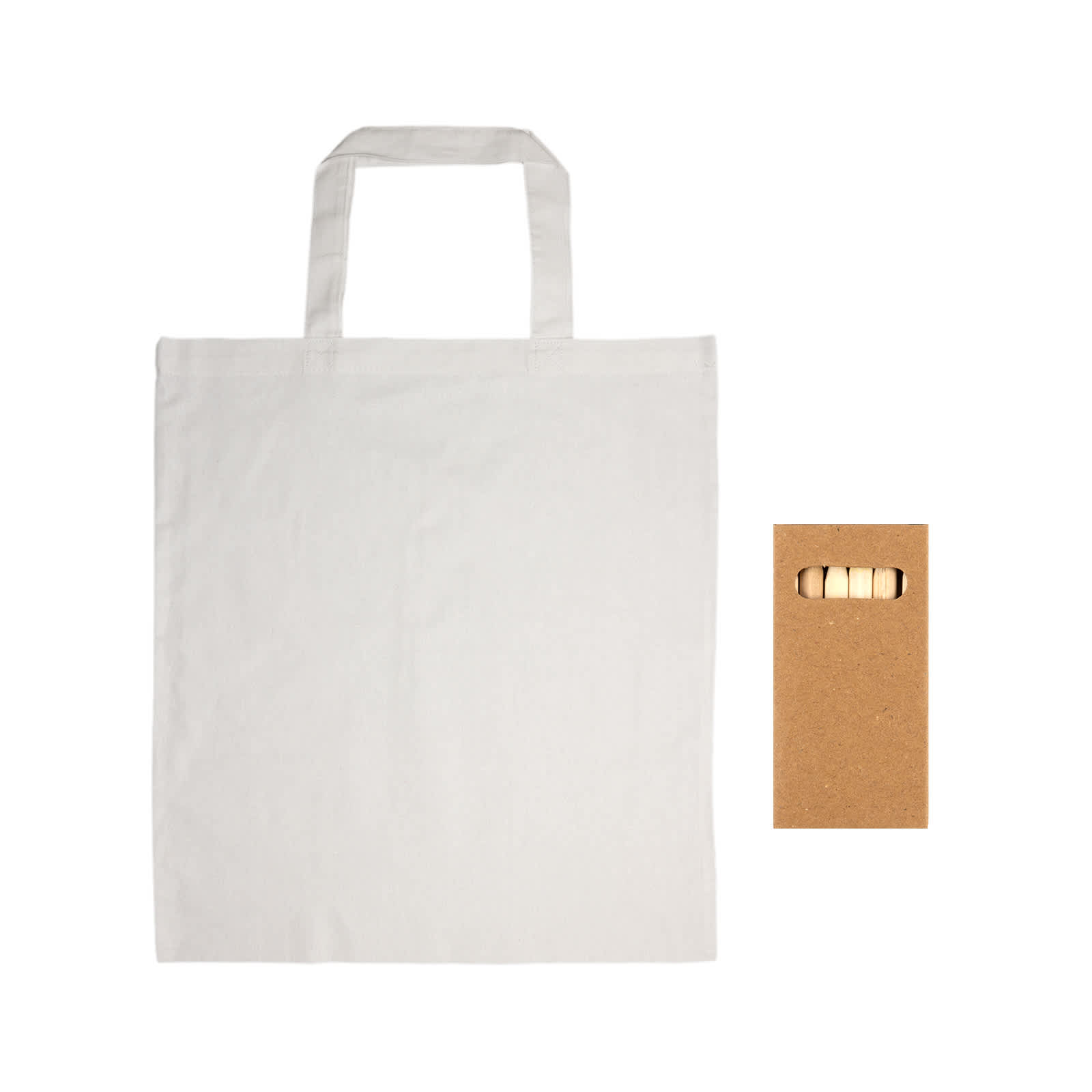 A white cotton bag with short handles and a label, designed for colouring.