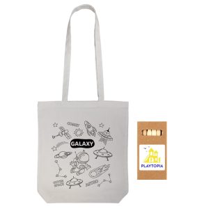A light grey cotton tote bag featuring space-themed illustrations and a logo. Includes a long handle for easy carrying.