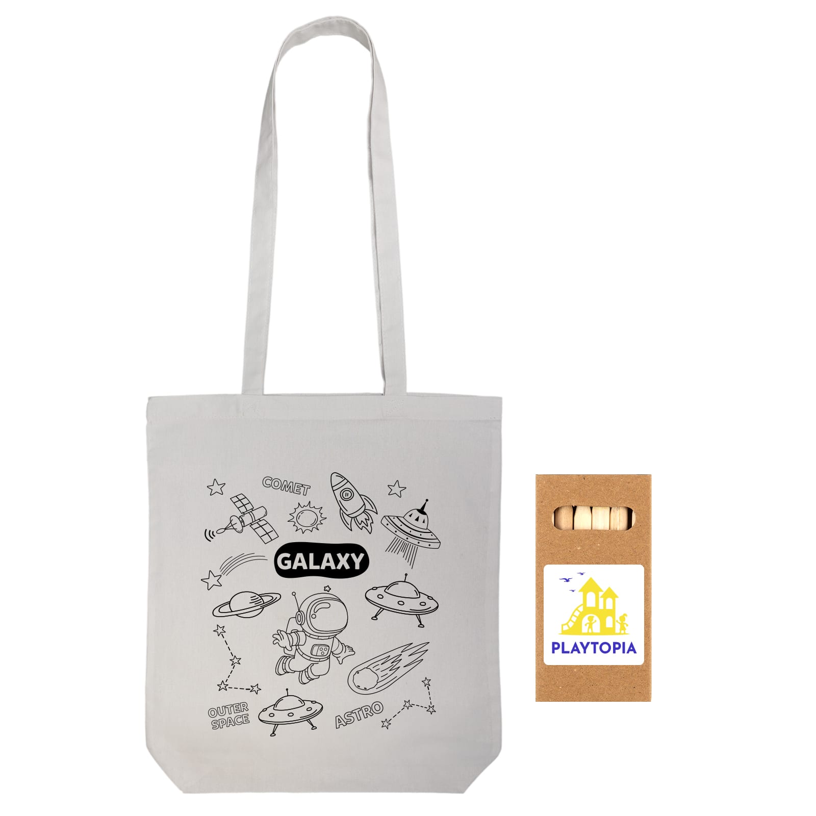 A light grey cotton tote bag featuring space-themed illustrations and a logo. Includes a long handle for easy carrying.