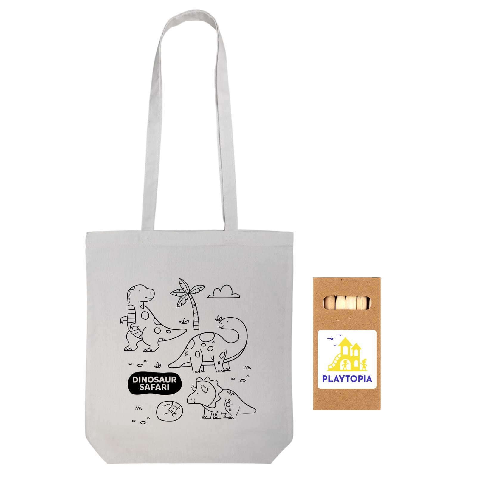 A cotton tote bag in cream featuring a dinosaur design for colouring, with long handles and a logo.