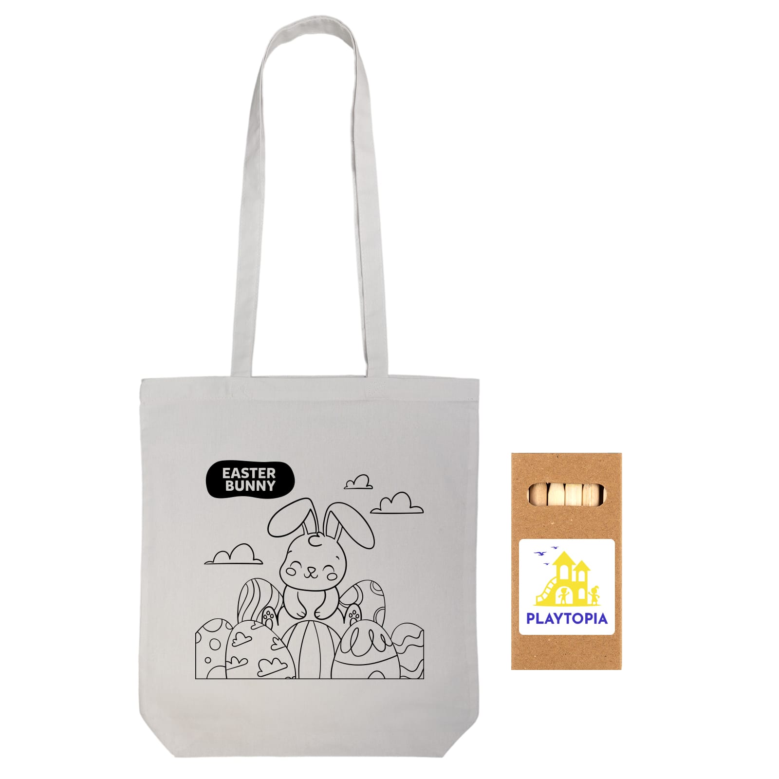 A white tote bag featuring a line drawing of an Easter bunny surrounded by decorated eggs. It has a logo.