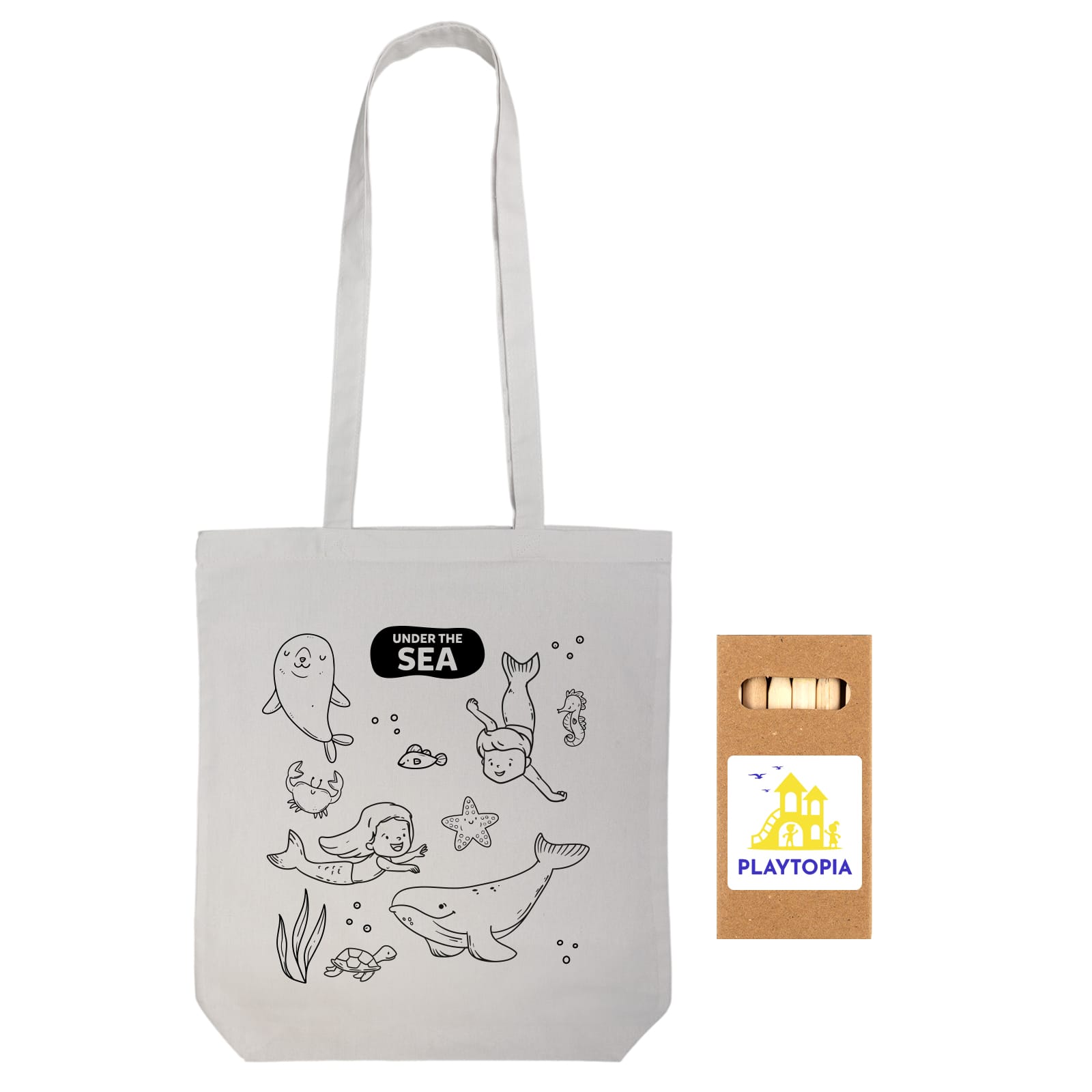 A grey cotton tote bag features a black and white sea-themed colouring design with various sea creatures and plants.