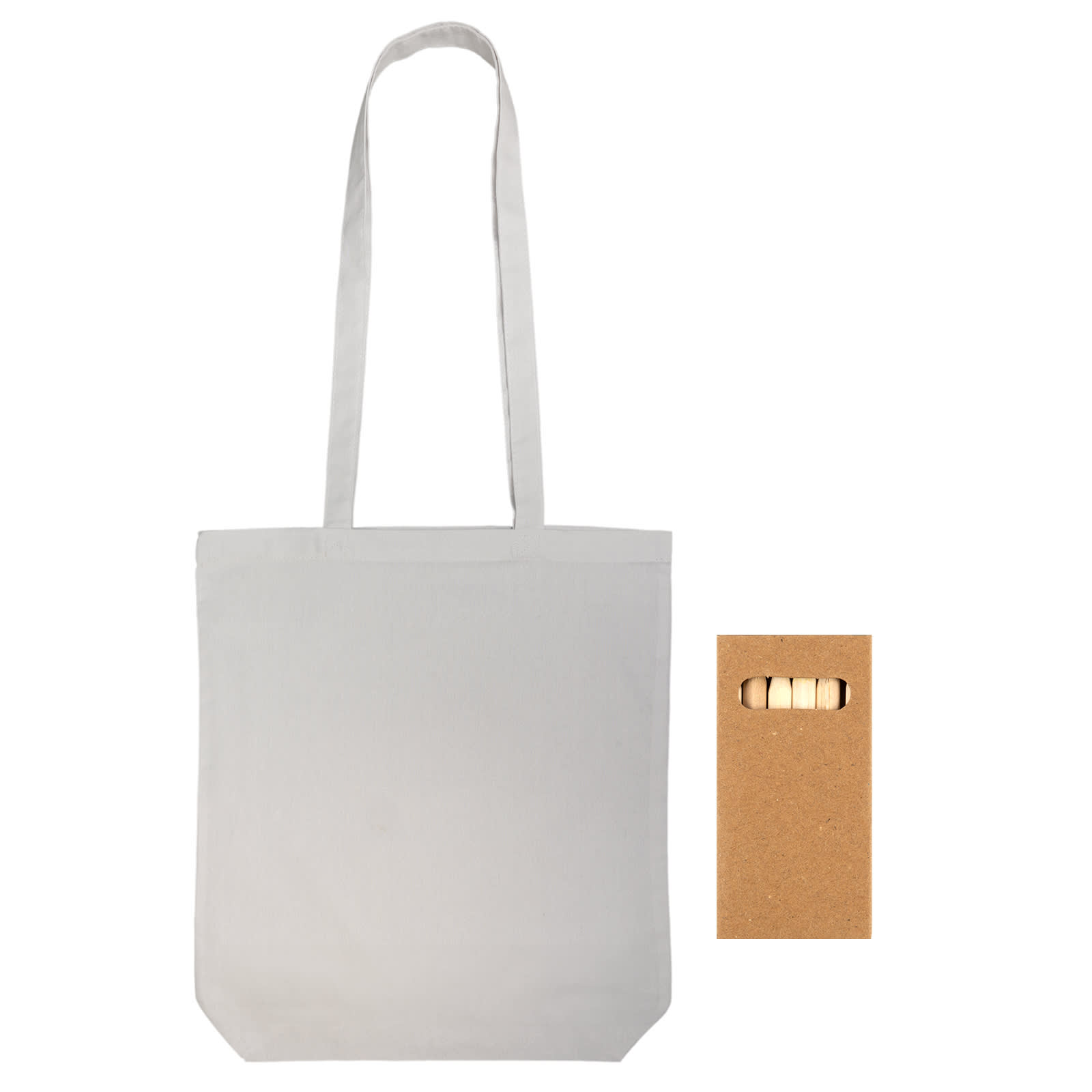 A plain white tote bag with long handles, featuring a small tag and no visible pattern or design.