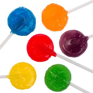 Assorted lollipops in vibrant colors: blue, orange, red, purple, yellow, and green, mounted on white sticks.