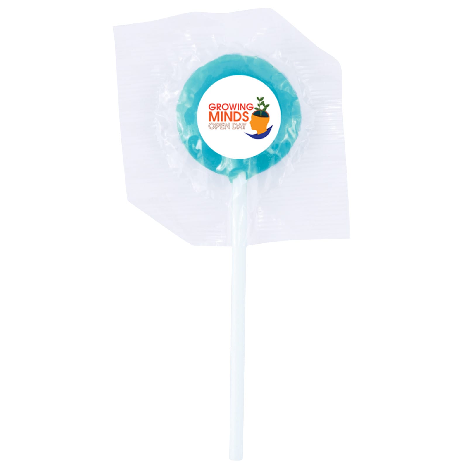 An orange lollipop on a white stick, wrapped in clear plastic, with a logo on the top.