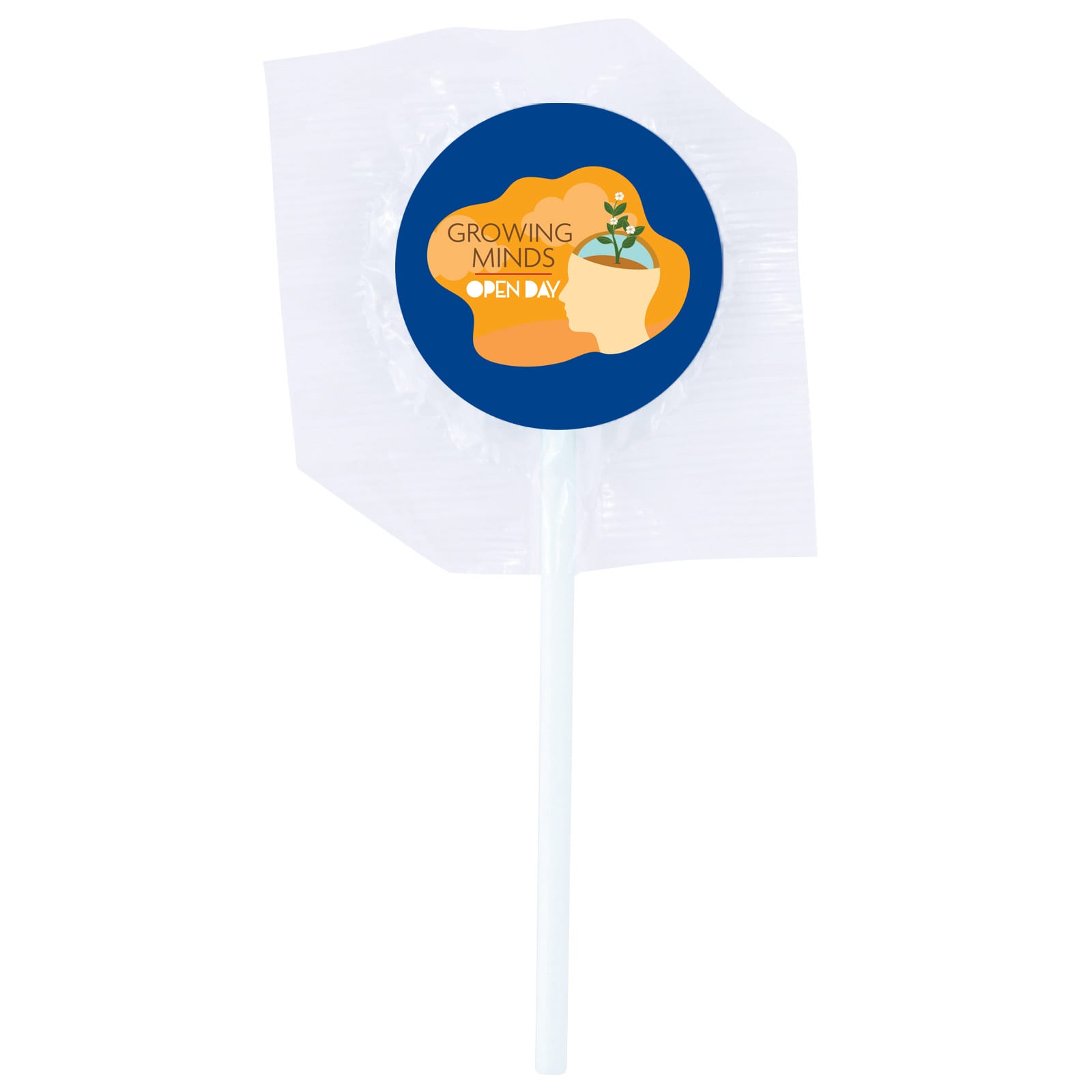 A lollipop wrapped in clear plastic, featuring a colorful logo on top. The stick is white, and it has vibrant colors.