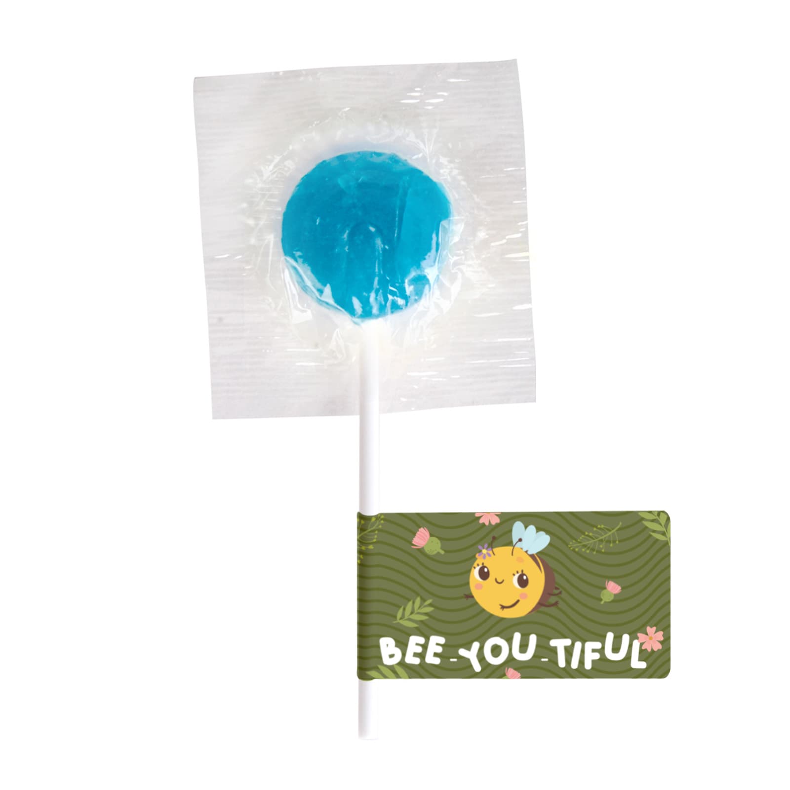 A green lollipop wrapped in plastic with a white stick, accompanied by a branded label.
