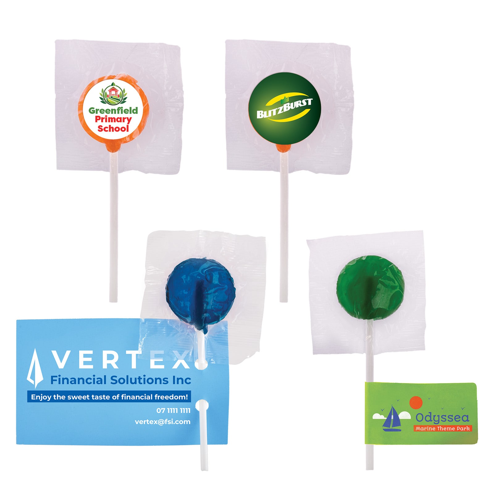 Assorted colour lollipops in various flavors, each wrapped individually and featuring different branded logos.