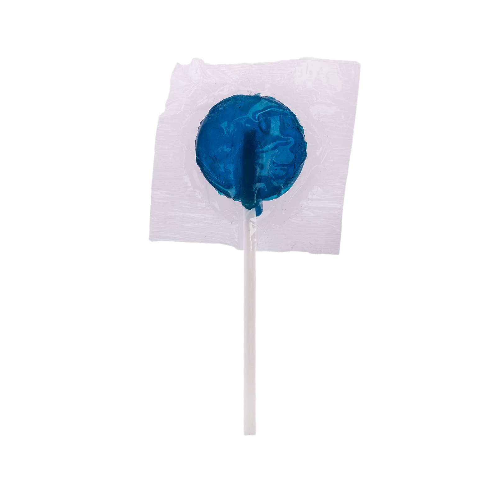 An assorted colour lollipop with a blue candy sphere and a white stick.