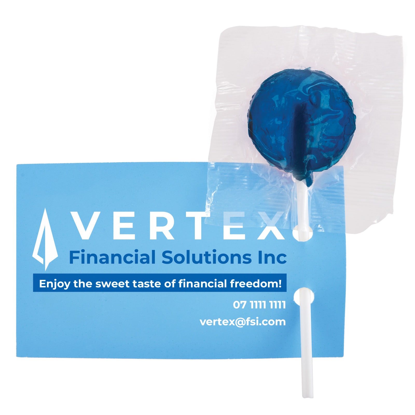 An assortment of lollipops in various colors, with one blue lollipop partially wrapped in a paper card.
