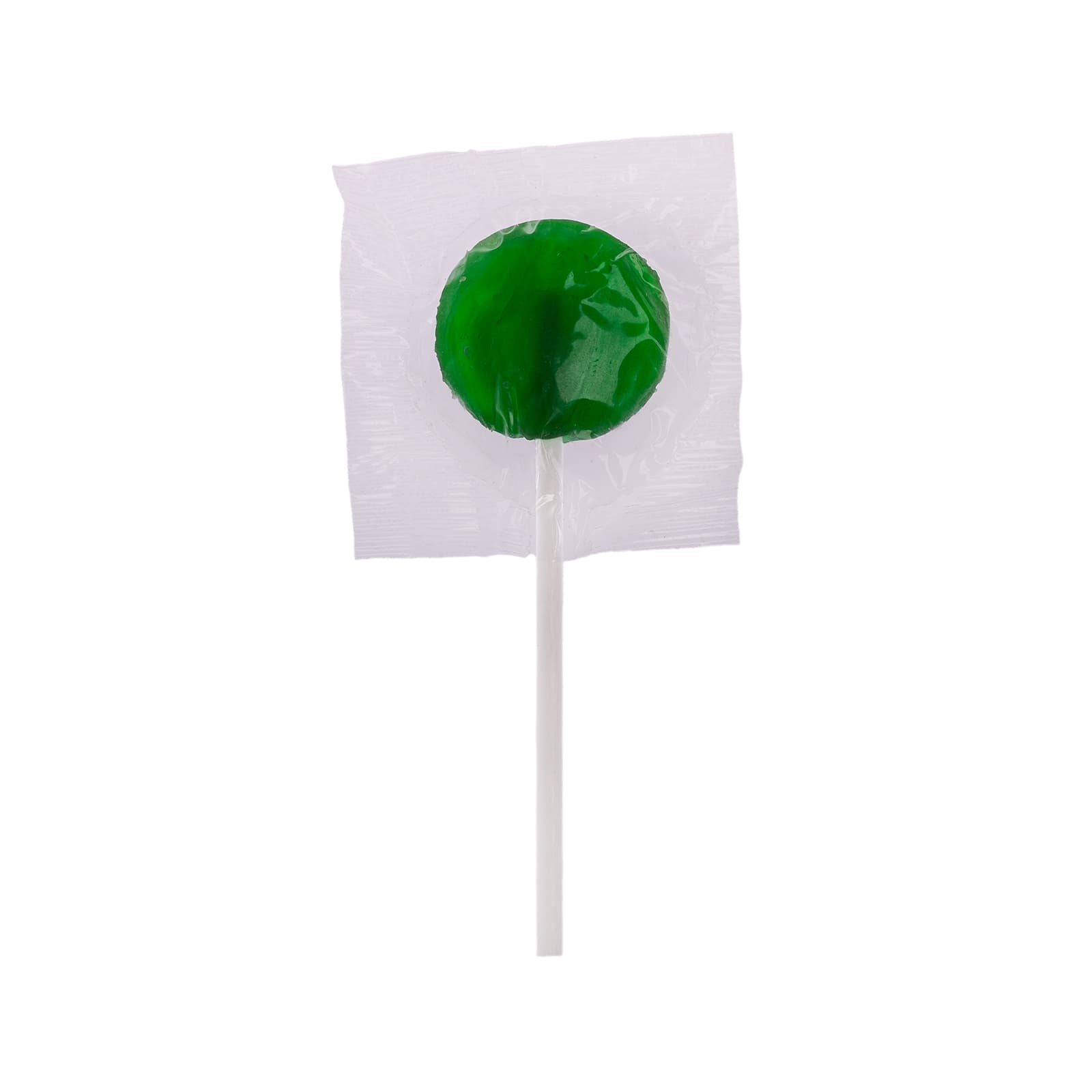 A green assorted colour lollipop wrapped in clear plastic with a white stick.