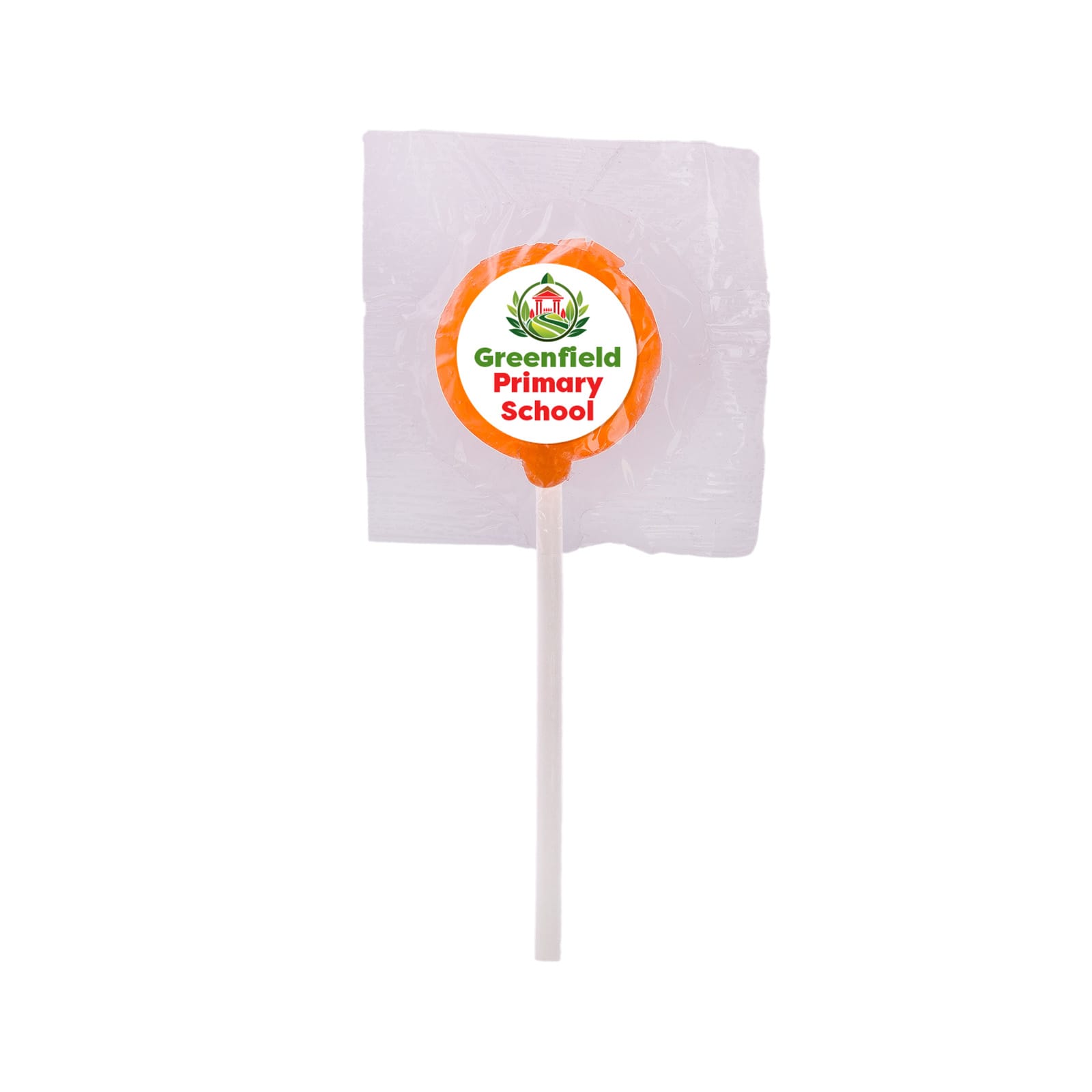 An orange lollipop on a white stick, wrapped in clear plastic, with a logo on the top.
