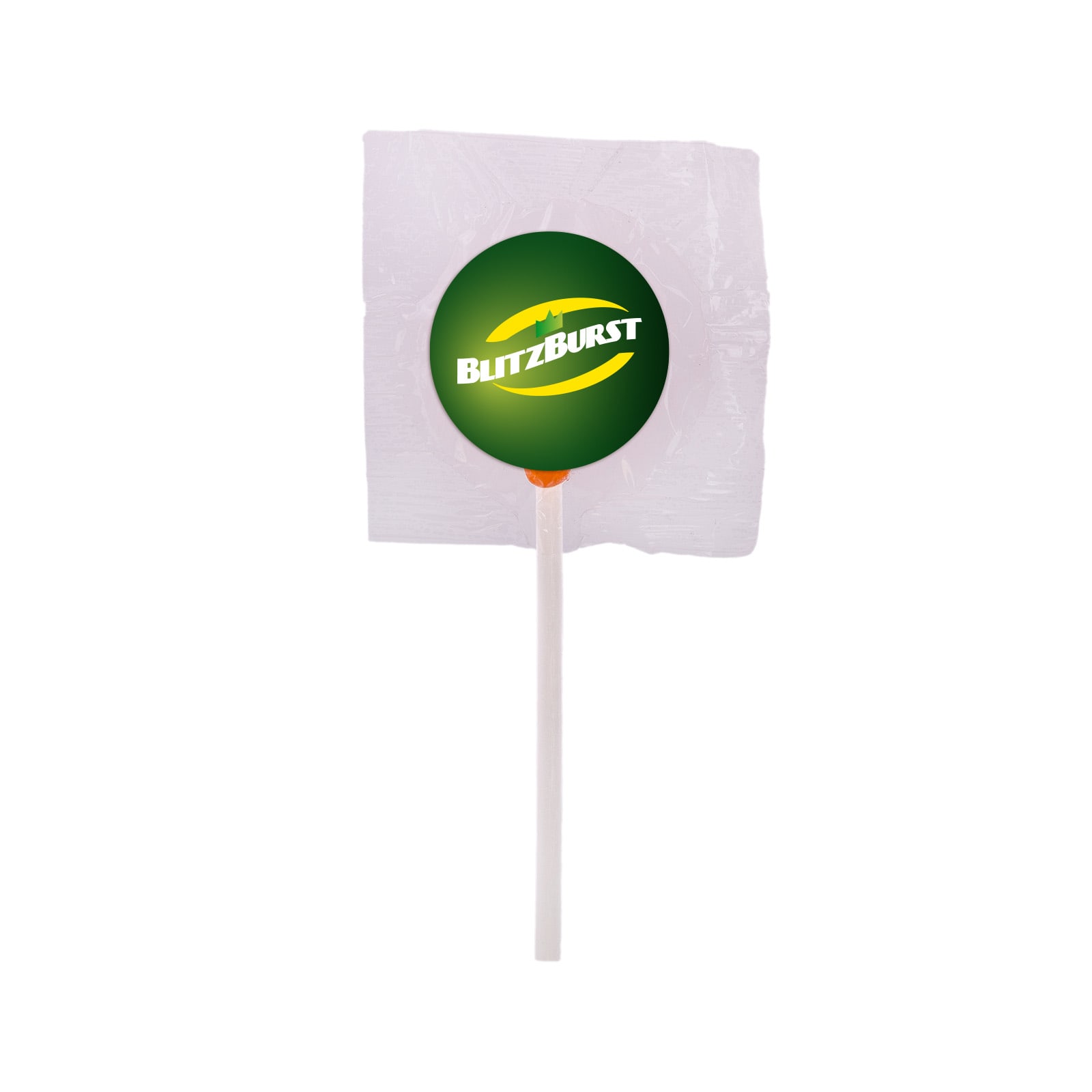 A green lollipop with a logo on a stick, wrapped in clear plastic.