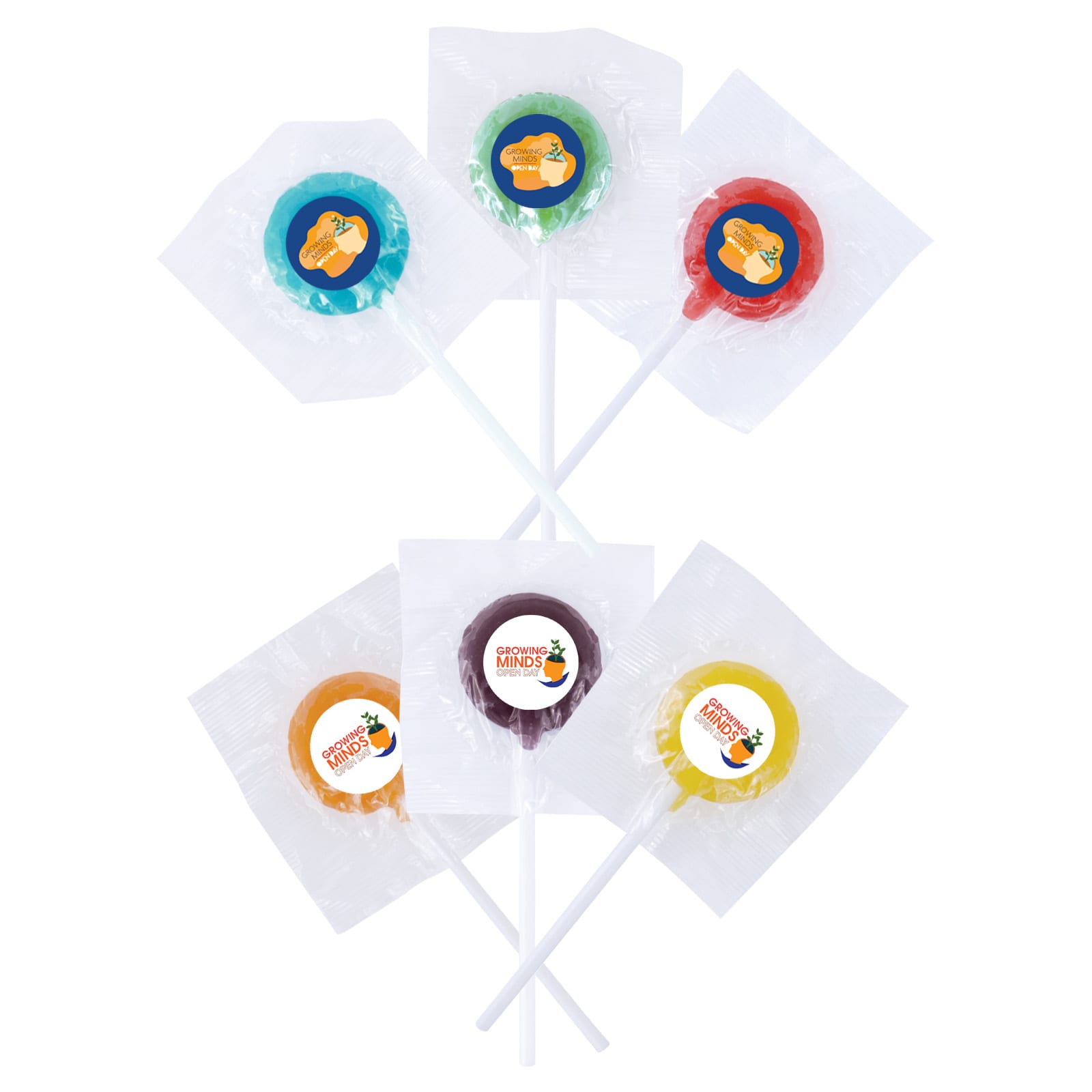 Assorted colour lollipops with various flavors, each individually wrapped and featuring a branded logo on the wrapper.