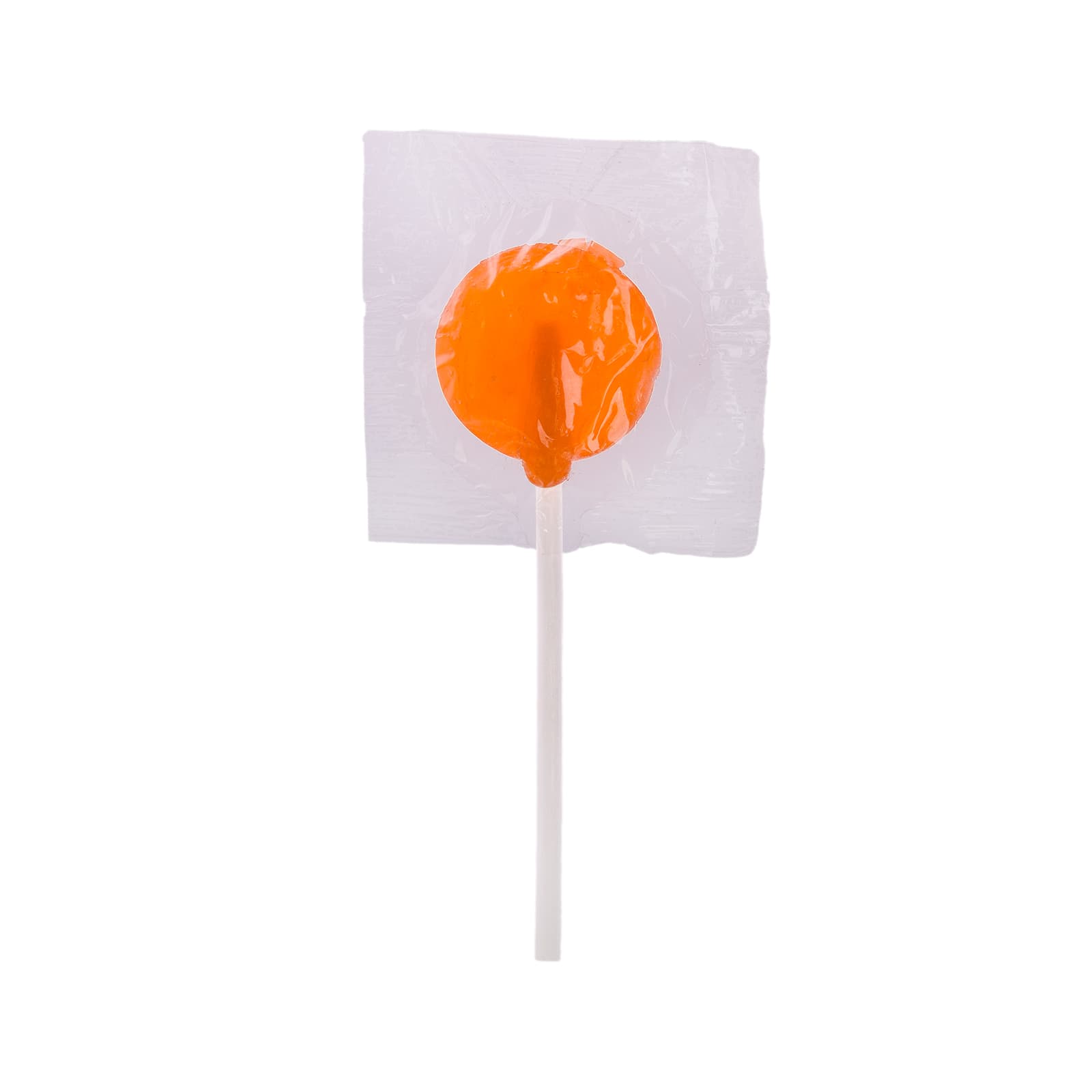 An orange lollipop wrapped in clear plastic, with a white stick.