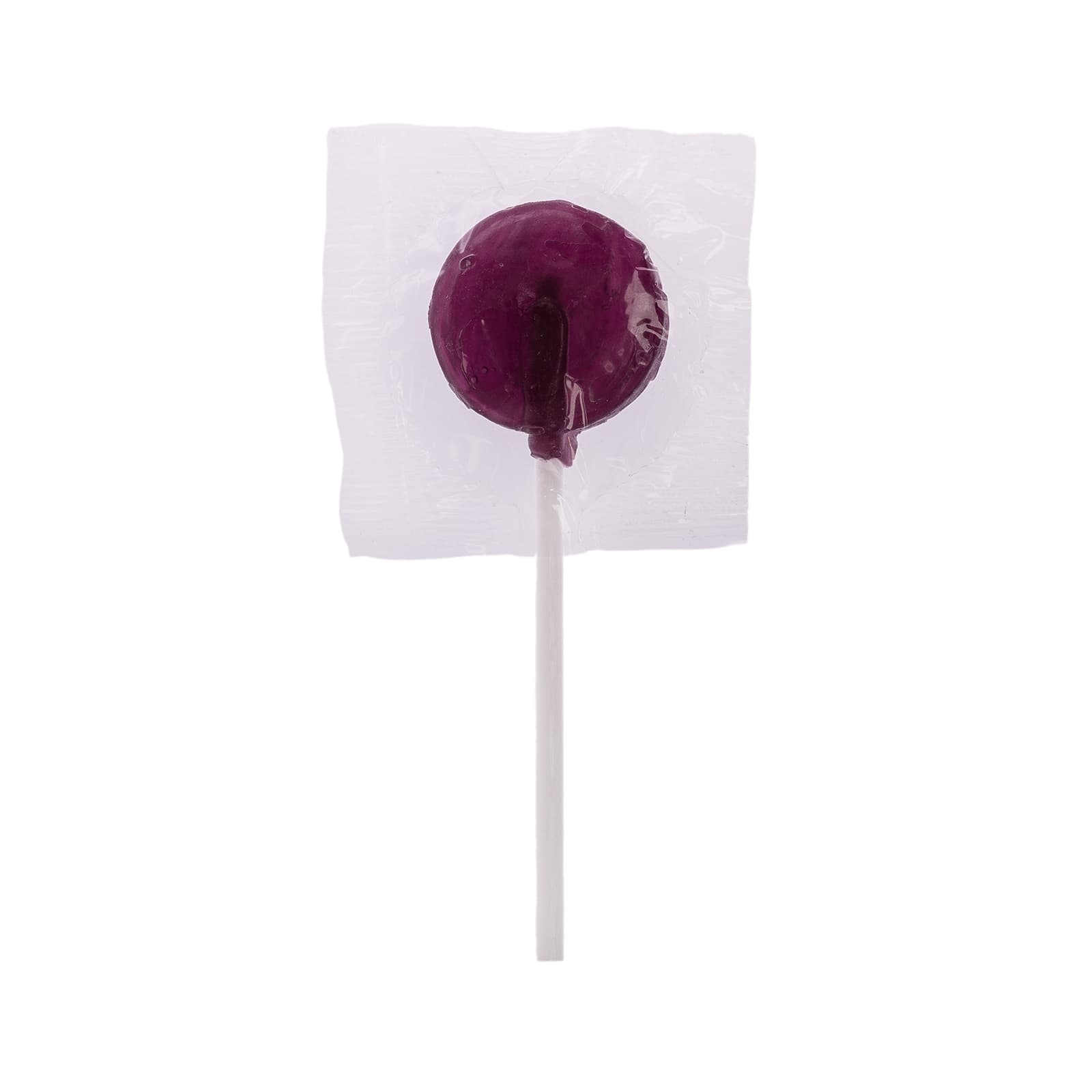 A purple lollipop wrapped in clear cellophane, attached to a white stick.