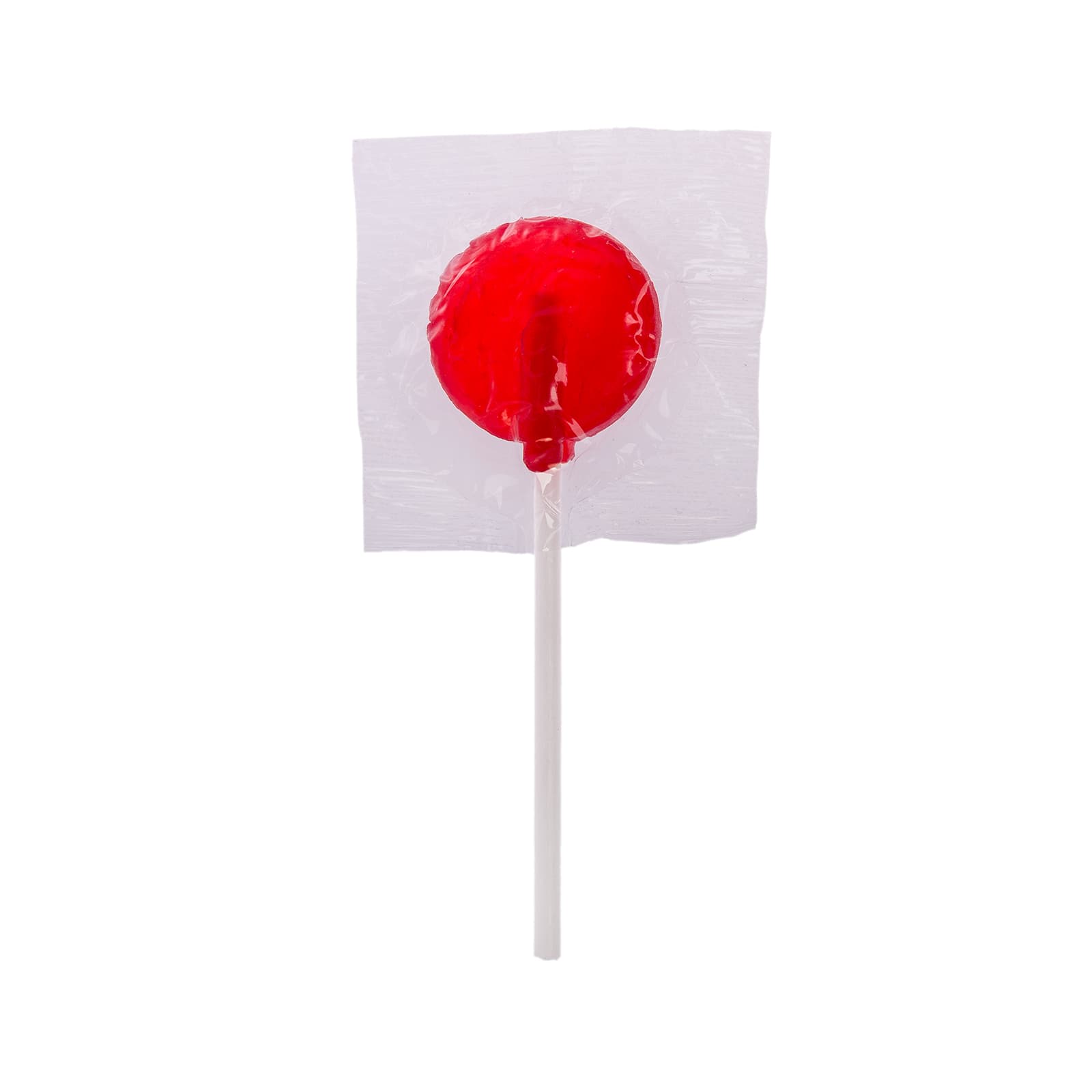 A red lollipop on a white stick, individually wrapped in clear plastic.