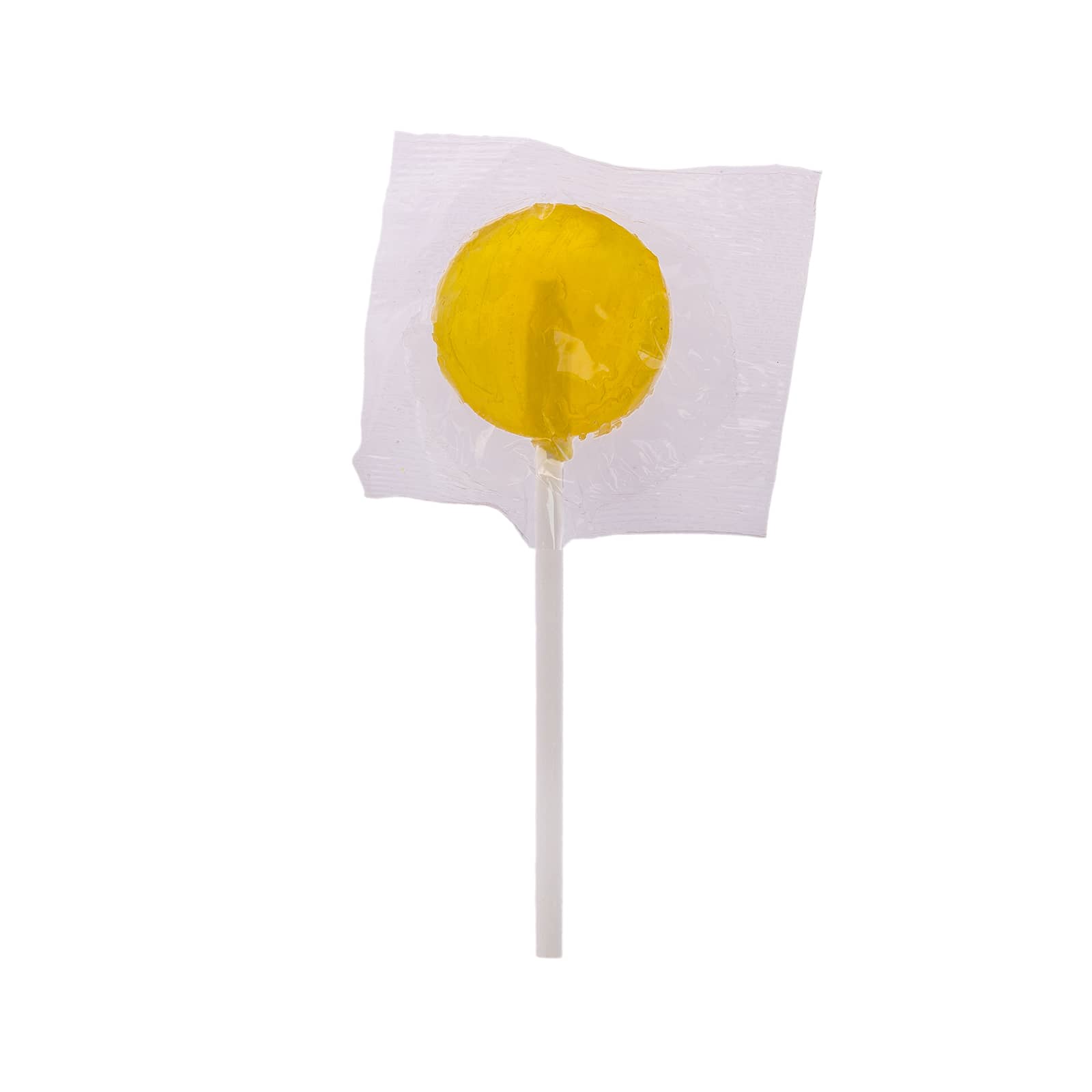 A yellow lollipop on a white stick, wrapped in clear plastic. It features a simple design without additional branding.