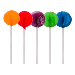 Four assorted lollipops in orange, red, purple, and green, each on a white stick, with a logo on one.