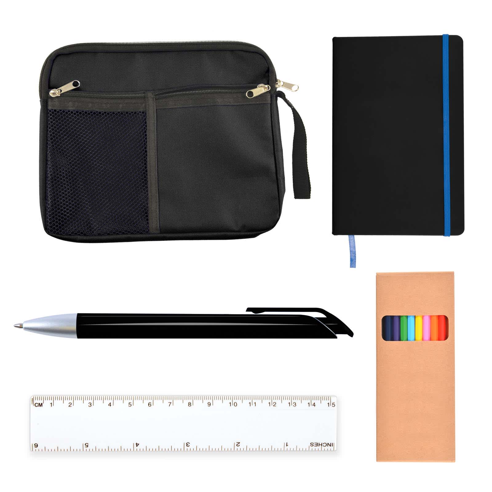 A black zippered pouch, a black notebook with a blue band, a silver pen, a ruler, and a box of colorful sticky notes.