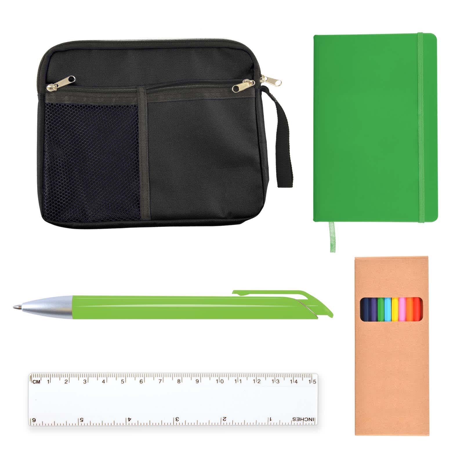 A black zippered pouch, green notebook, green pen, multicolored markers, and a white ruler arranged together.