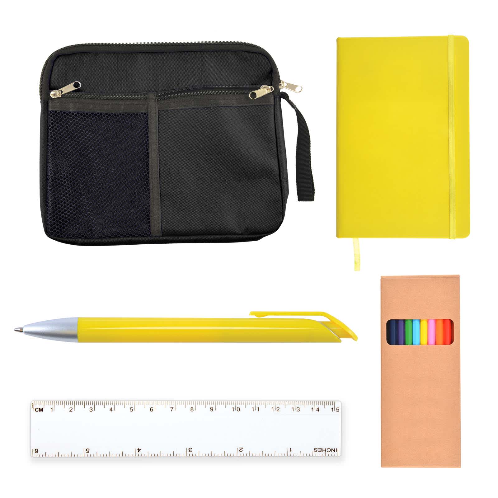 A black zippered pouch, a yellow notebook, a yellow pen, a transparent ruler, and a box of colored pencils.