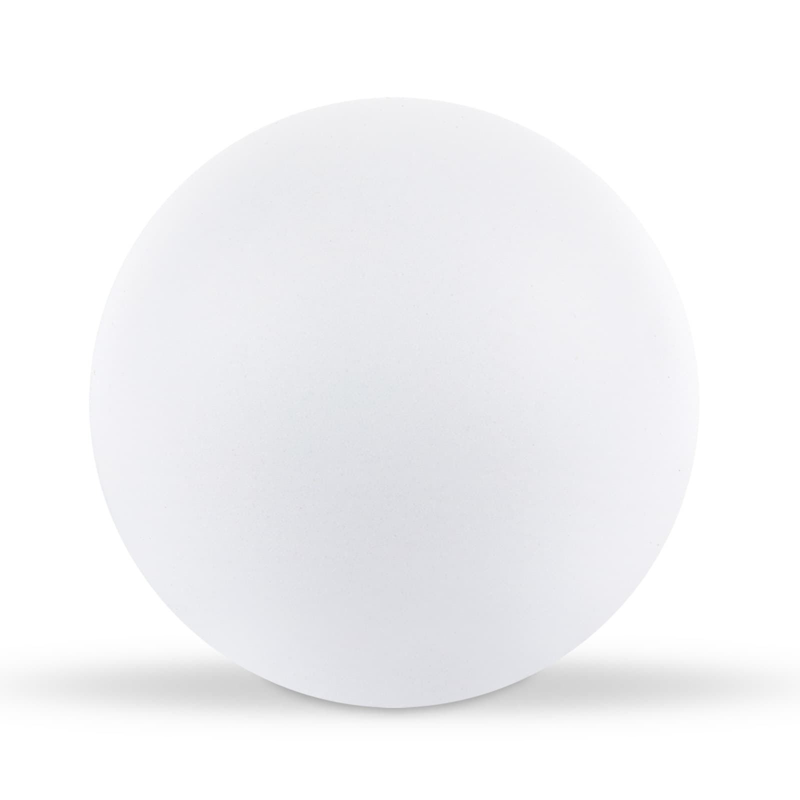 A round, white stress ball designed for fun and relaxation.