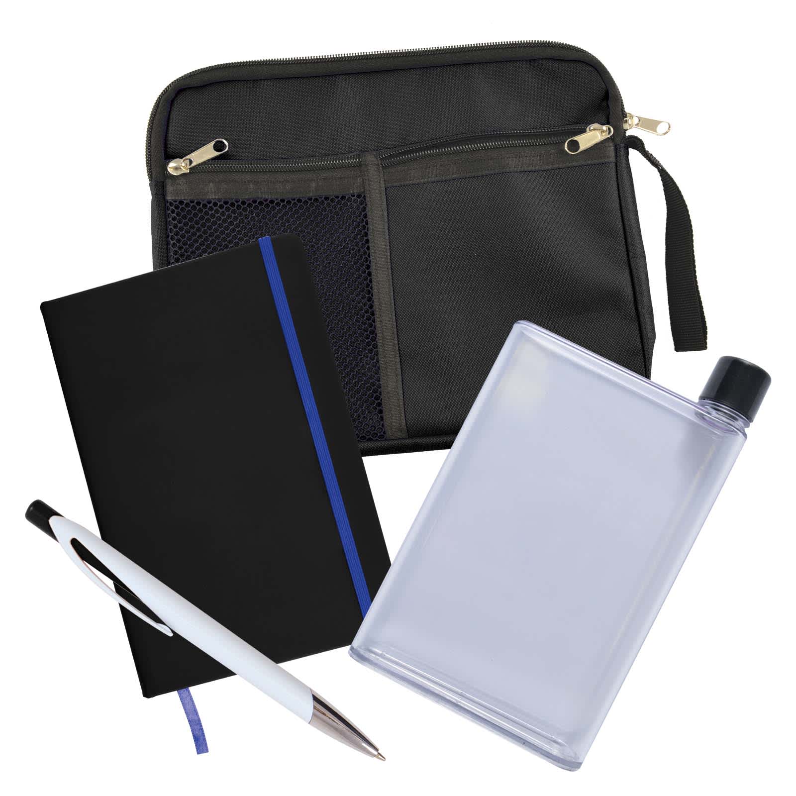 A black conference pack containing a drink bottle, notebook, and pen. The pack features a logo and zippered compartments.