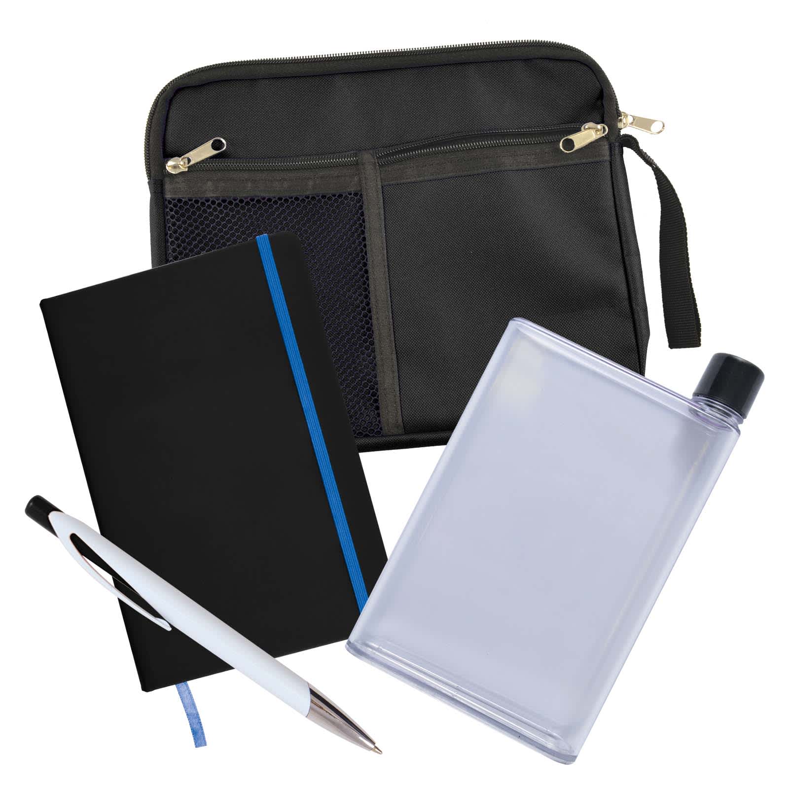 A zippered pouch containing a black notebook, a transparent drink bottle, and a pen.