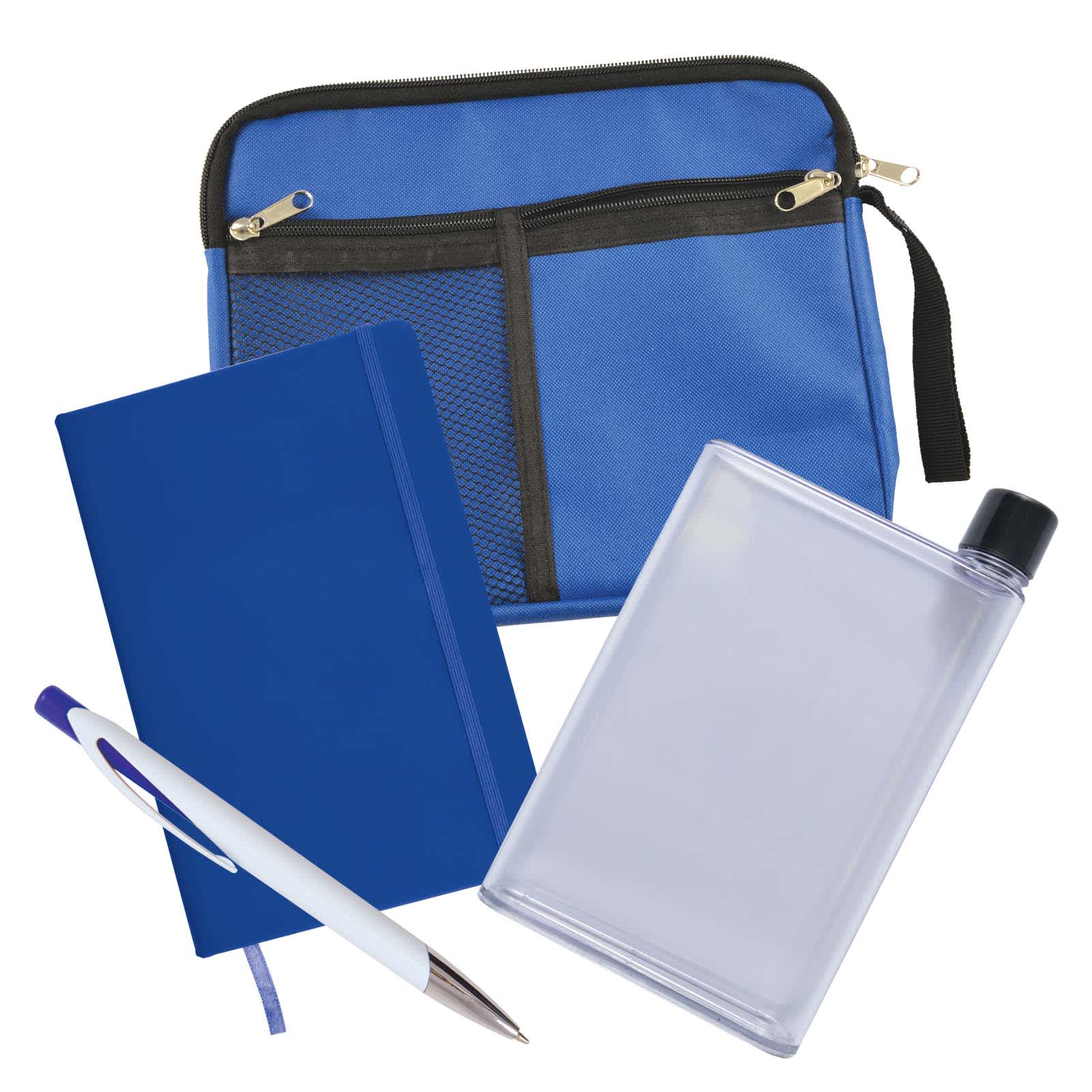 A blue zippered pouch, a clear drink bottle, a blue notebook, and a silver pen.