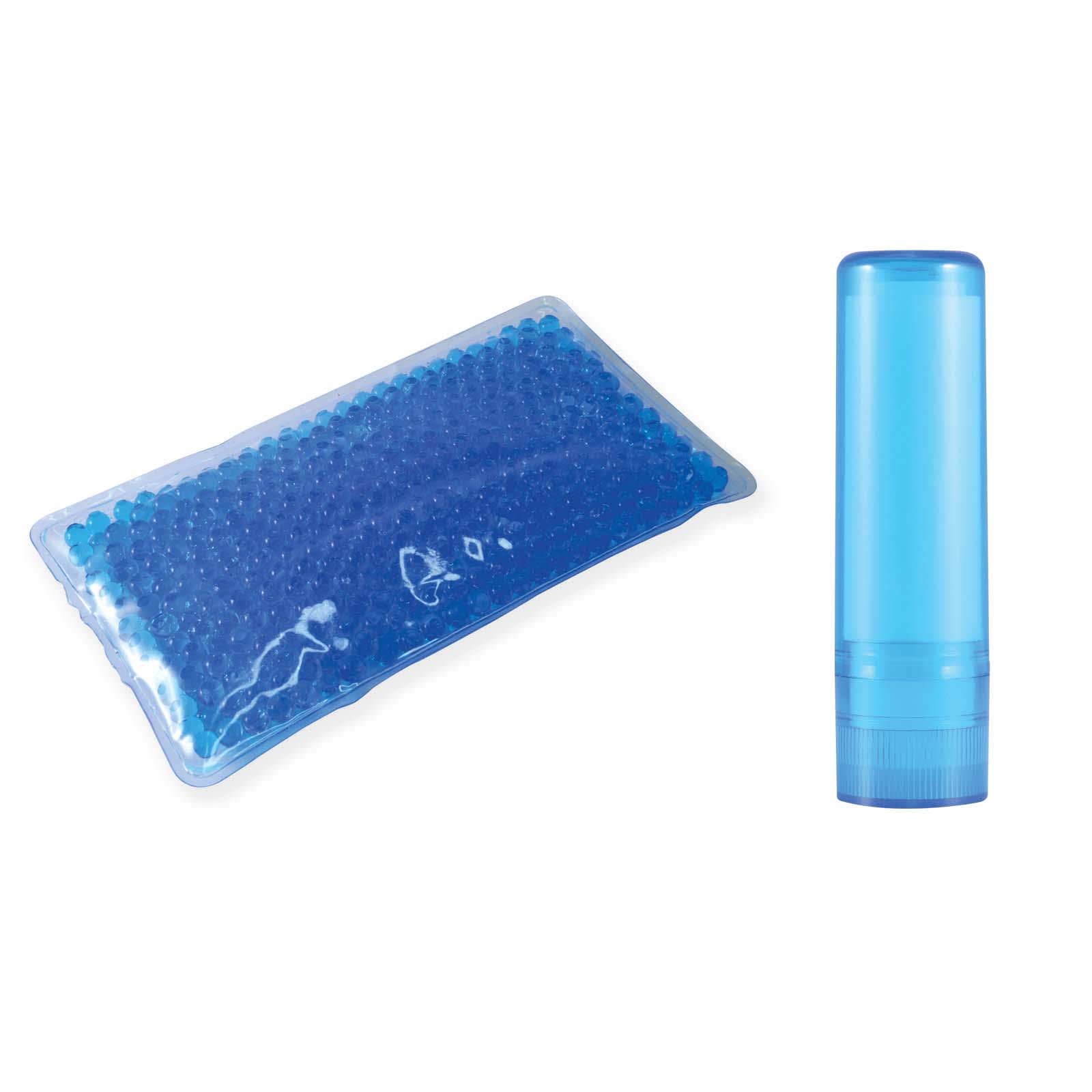 A blue cylindrical container with a screw top and a gel pack filled with blue beads nearby. Both items are in a clear plastic wrapping.
