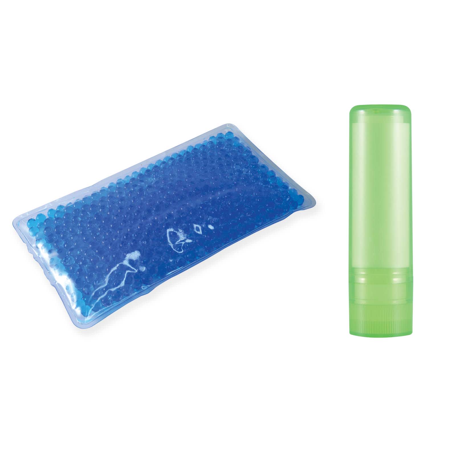 A green lip balm tube beside a blue gel pack, both in a clear packaging. The gel pack contains blue beads.