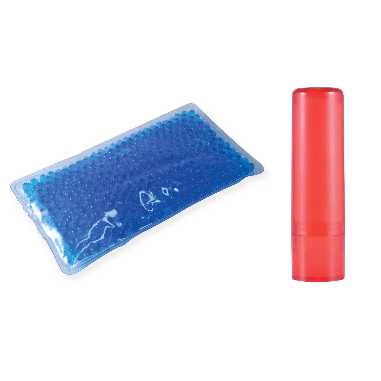A Wellness Pack featuring a blue gel pack and a red tube of lip balm, designed for health and personal care.