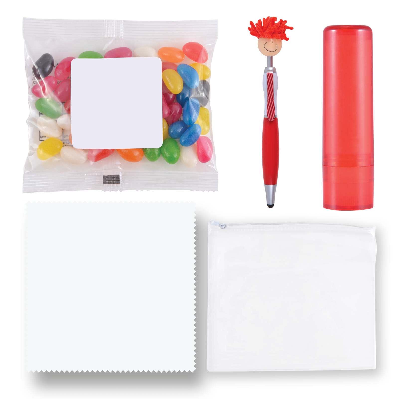 A red lip balm tube, a colorful bag of jelly beans, a red pen, a white cloth, and a transparent pouch.