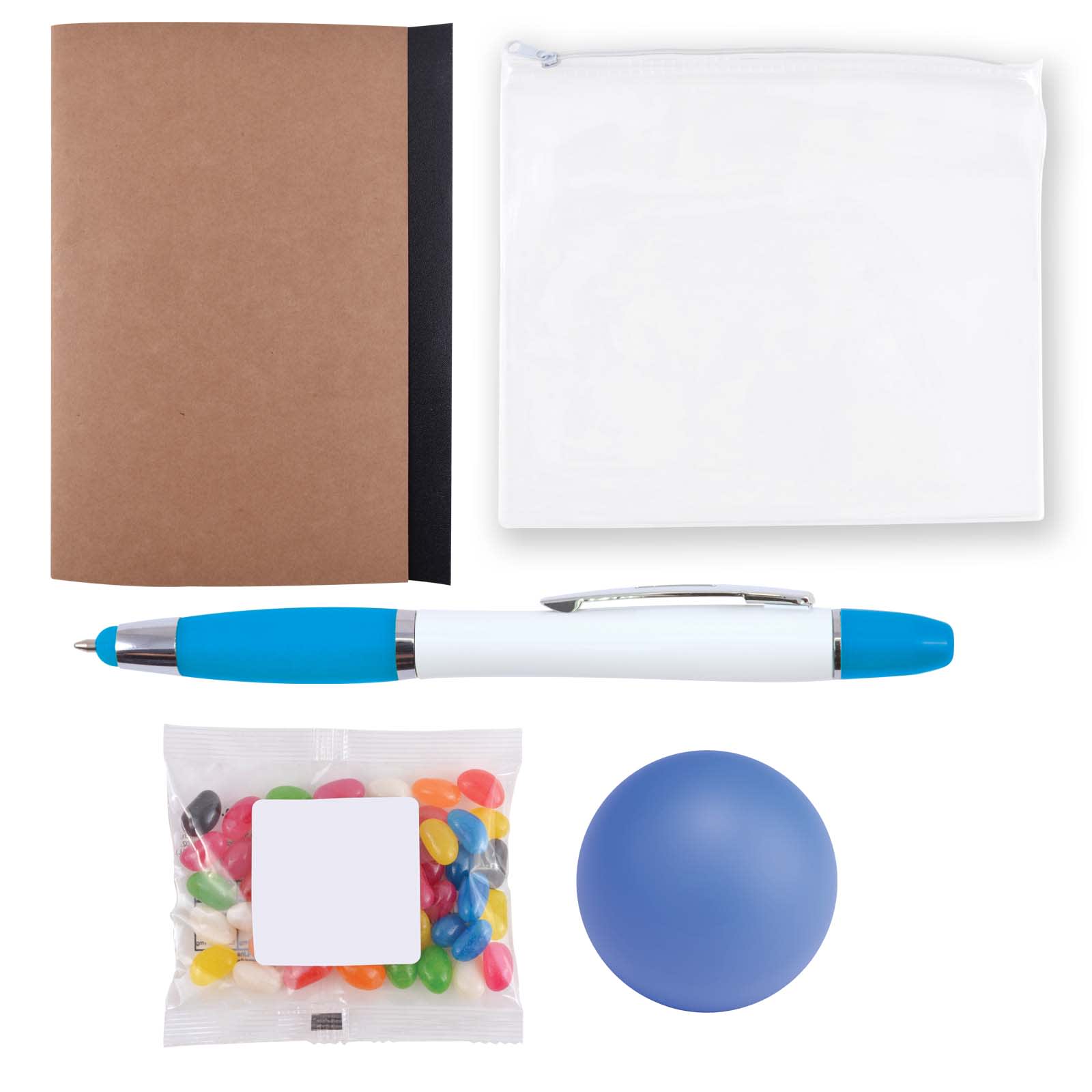 A notebook with a brown cover, a clear zip pouch, a blue pen, a pack of colorful jelly beans, and a blue stress ball.