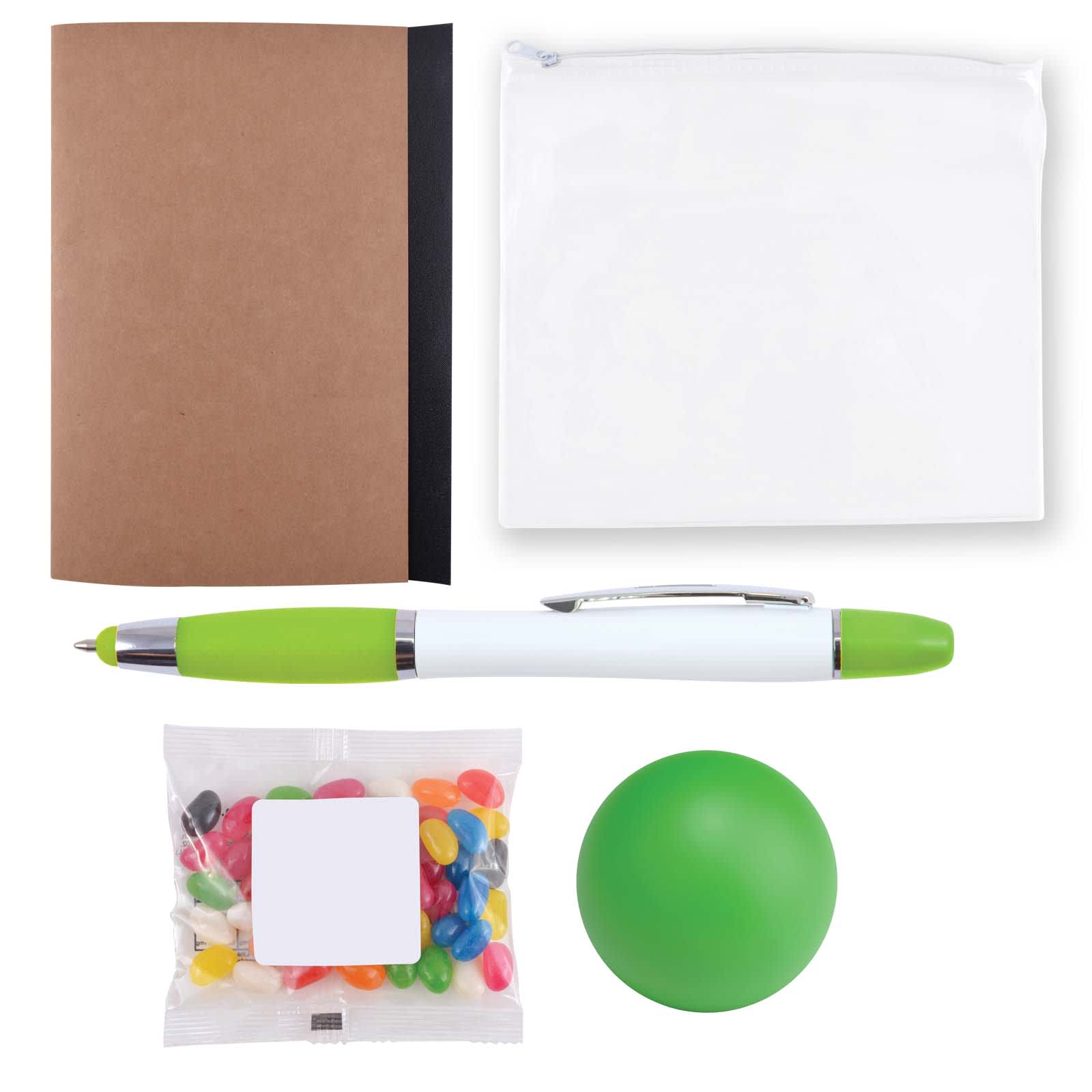 A notebook, a zip pouch, a green pen, a pack of colorful candies, and a green stress ball.