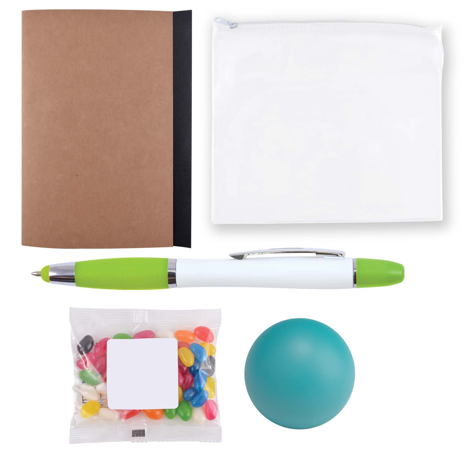 A notebook with a brown cover, a white zip pouch, a green and white pen, a teal stress ball, and a bag of colorful candy.