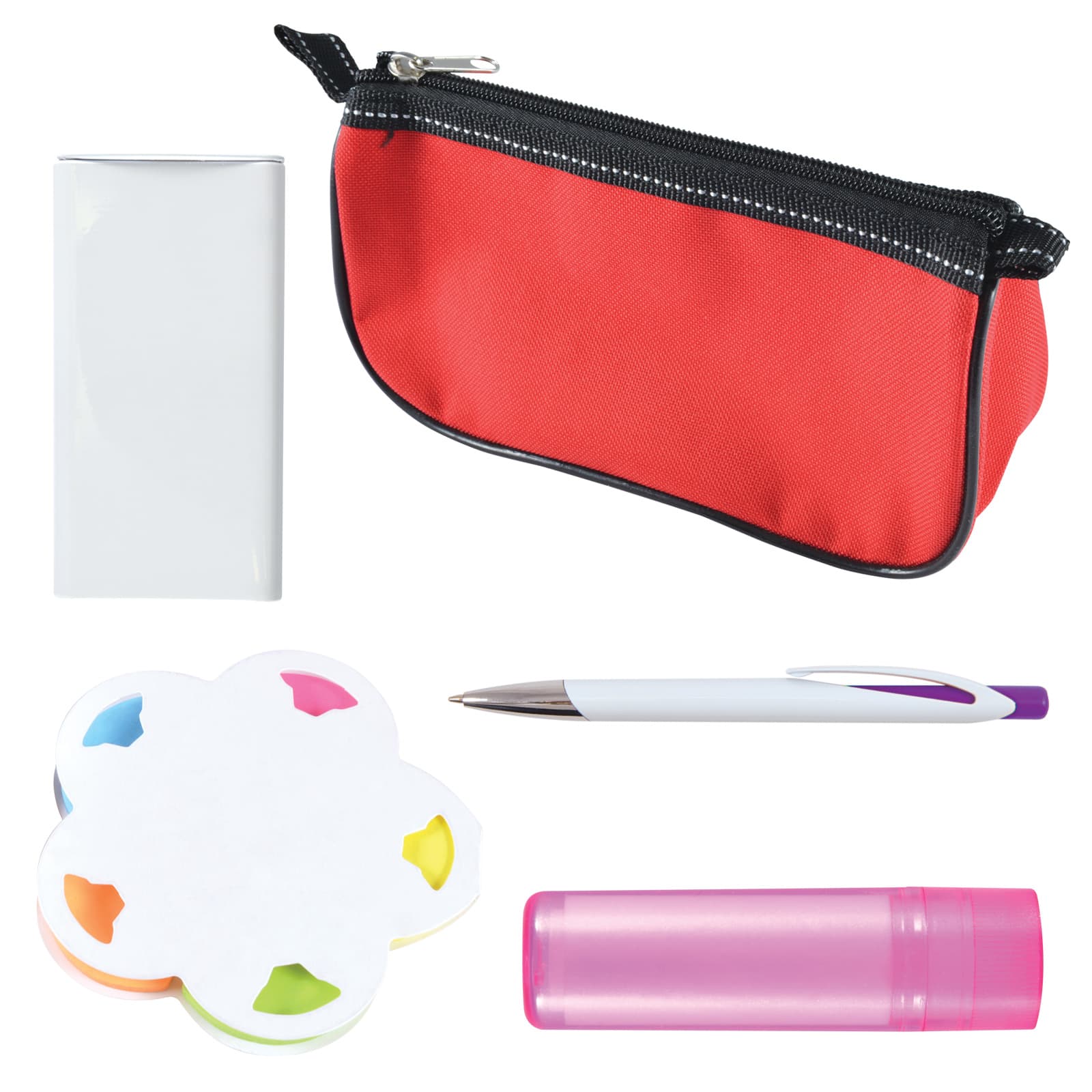 A red pencil case with a gray zipper, a white notepad, a pen, a flower-shaped sticky note set, and a pink lip balm.