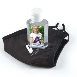 A black face mask and a clear hand sanitizer bottle with a white cap, featuring a logo on both items.