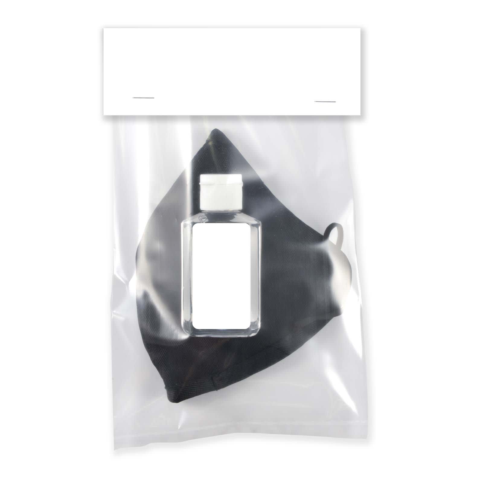 A cooling face mask and a hand sanitiser bottle packaged together in a clear plastic bag.