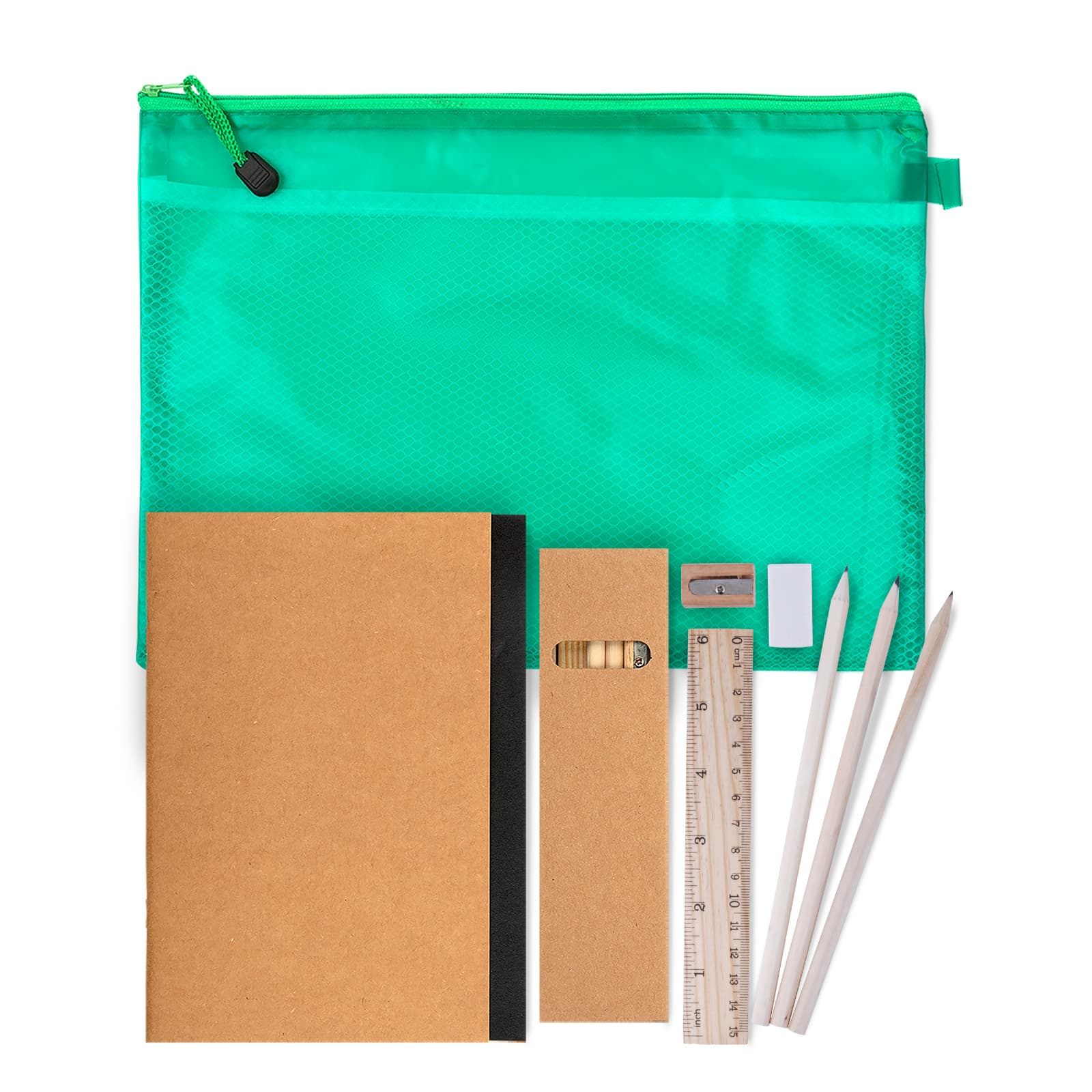 A teal mesh pouch contains a notebook, ruler, sharpener, eraser, and white pencils.