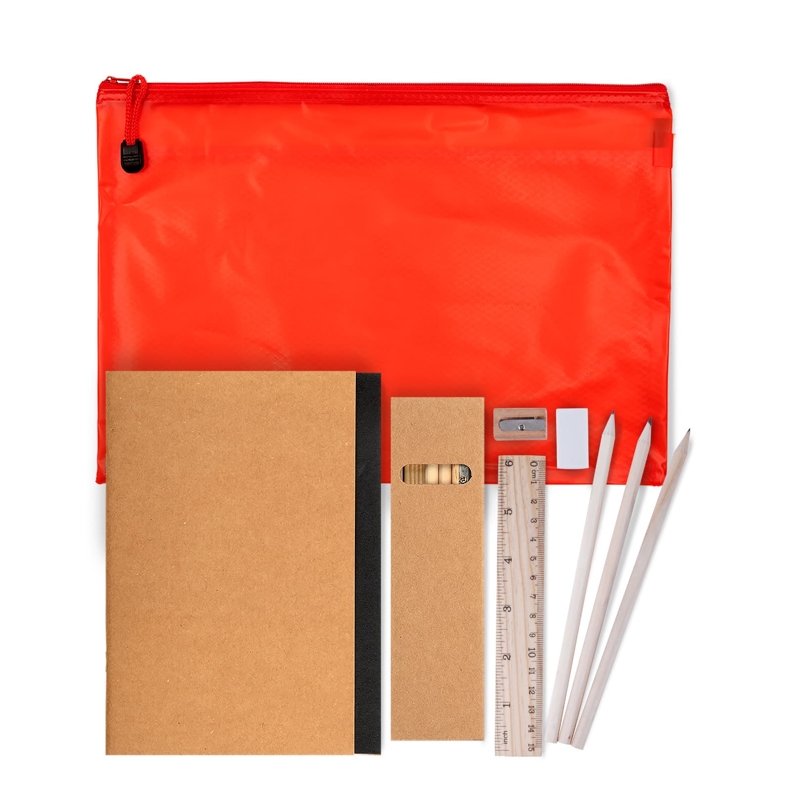 A red zip pouch containing two notebooks, a ruler, a pencil, an eraser, and two white pencils.