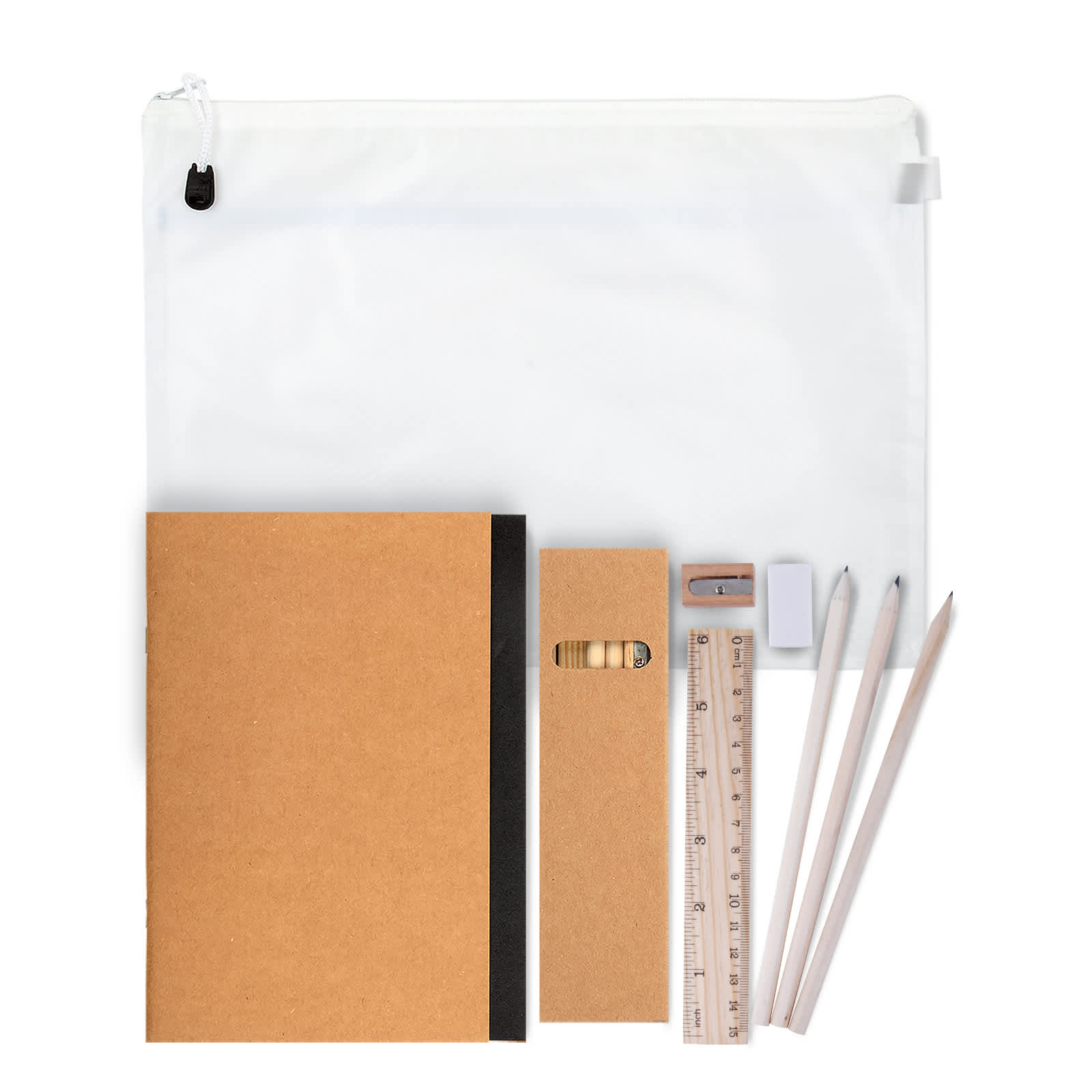 A clear pouch containing a notebook, sharpener, eraser, ruler, and pencils in neutral tones.