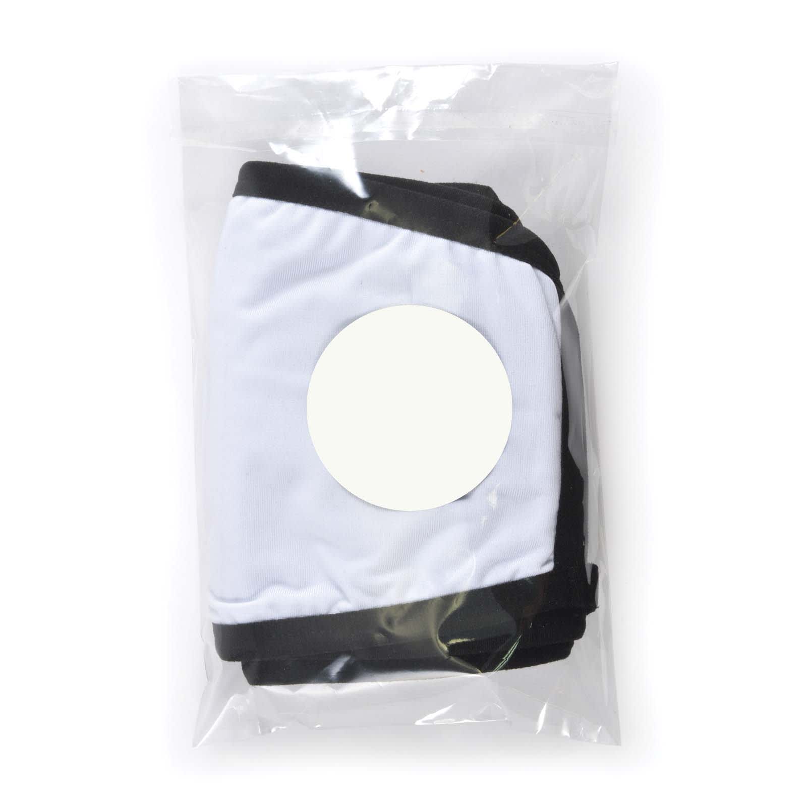 A pack containing three shield face masks in a clear plastic bag.