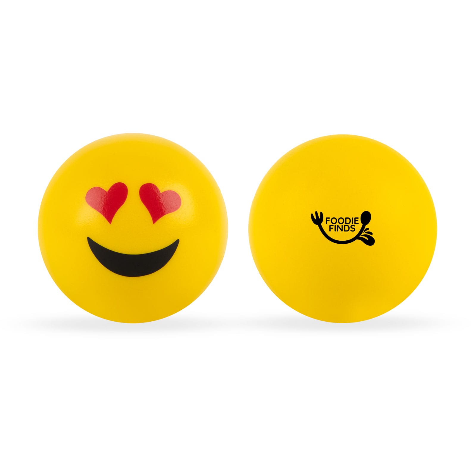 Two yellow stress balls featuring emoji designs—one with a smiling face and the other with heart eyes—plus a logo.