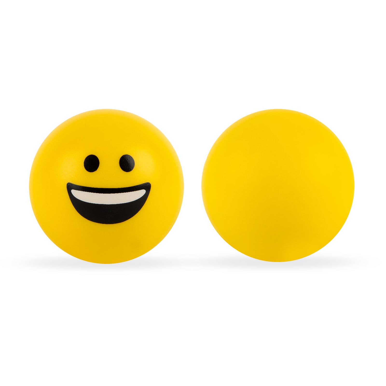 A pair of yellow emoji stress balls featuring a smiling face design.