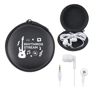 A black carrying case with white branding, containing a pair of white earbuds and a headphone jack.