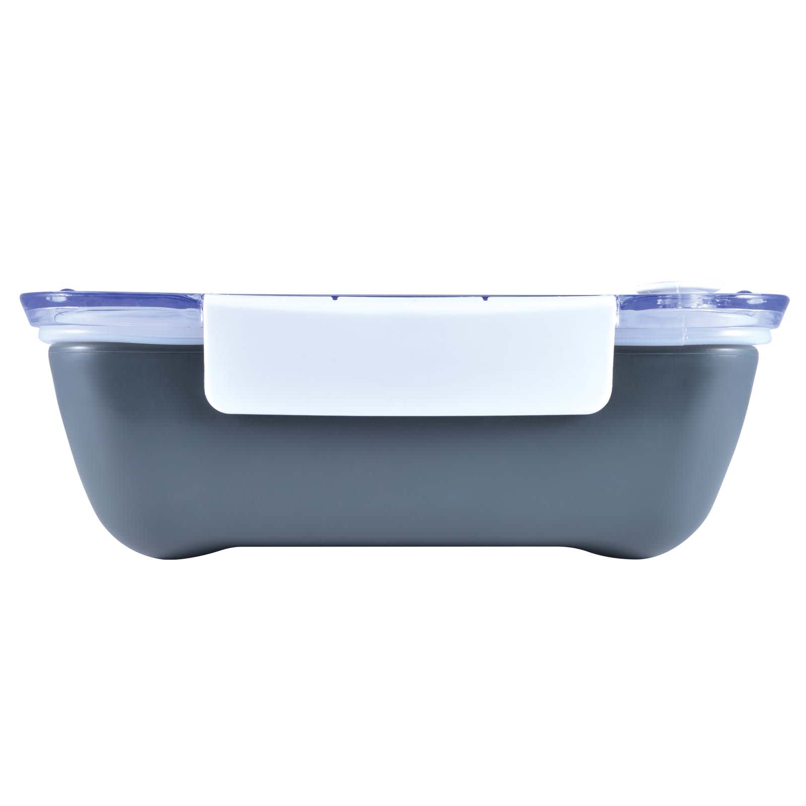 A Zest Lunch Box featuring a sleek gray body and a transparent lid with a secure locking mechanism.