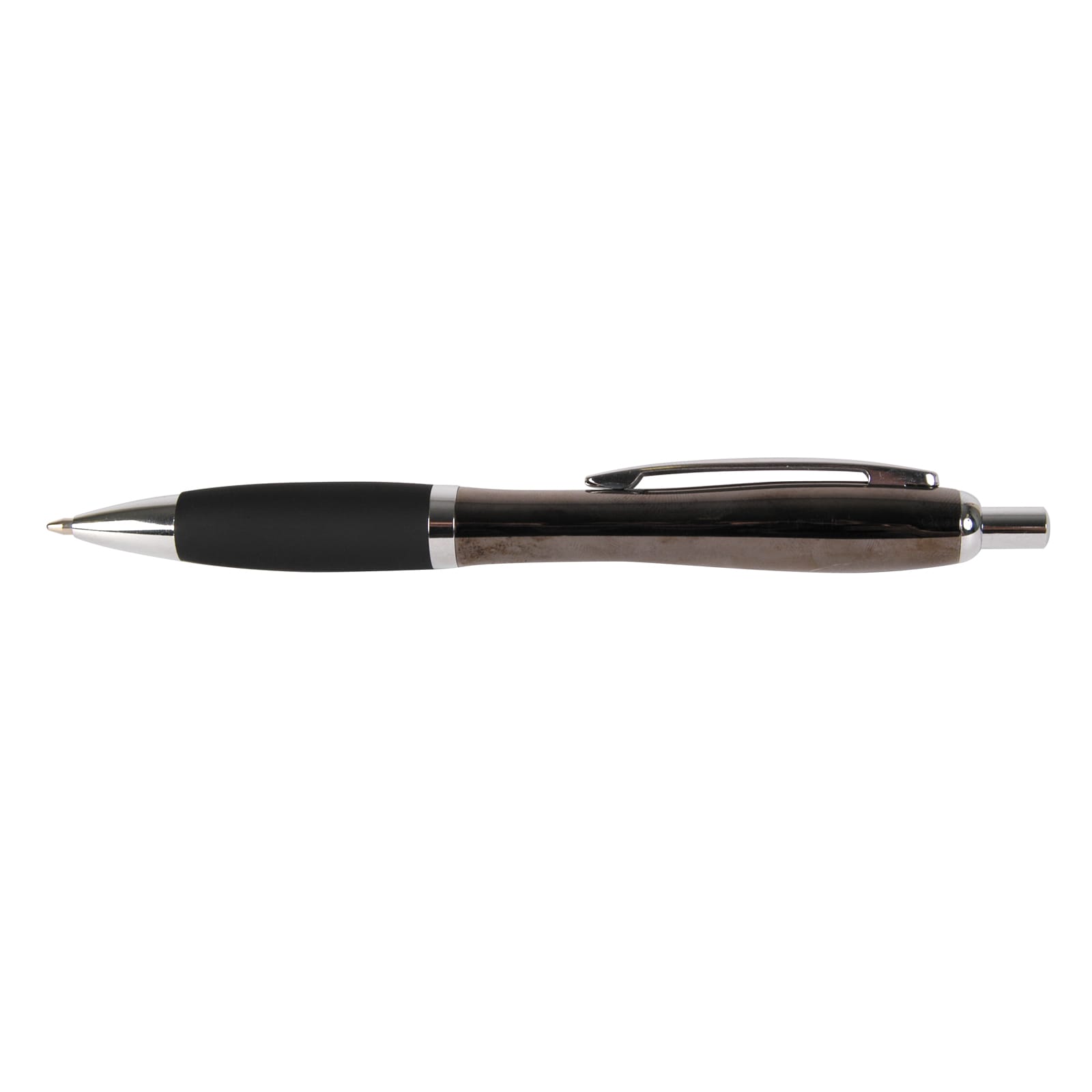 A metal pen with a sleek design, featuring a black grip and silver accents.