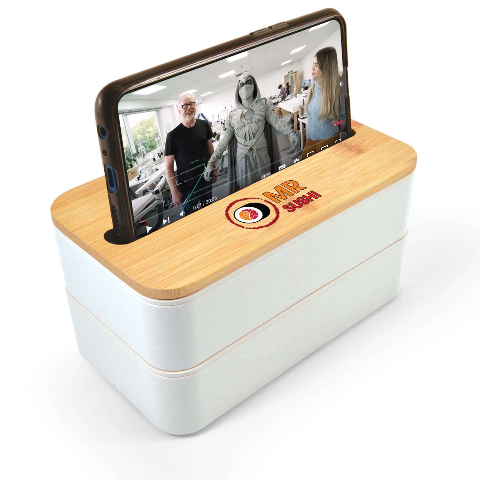 A bamboo-lid lunch box with a phone holder, featuring a white body and a logo.